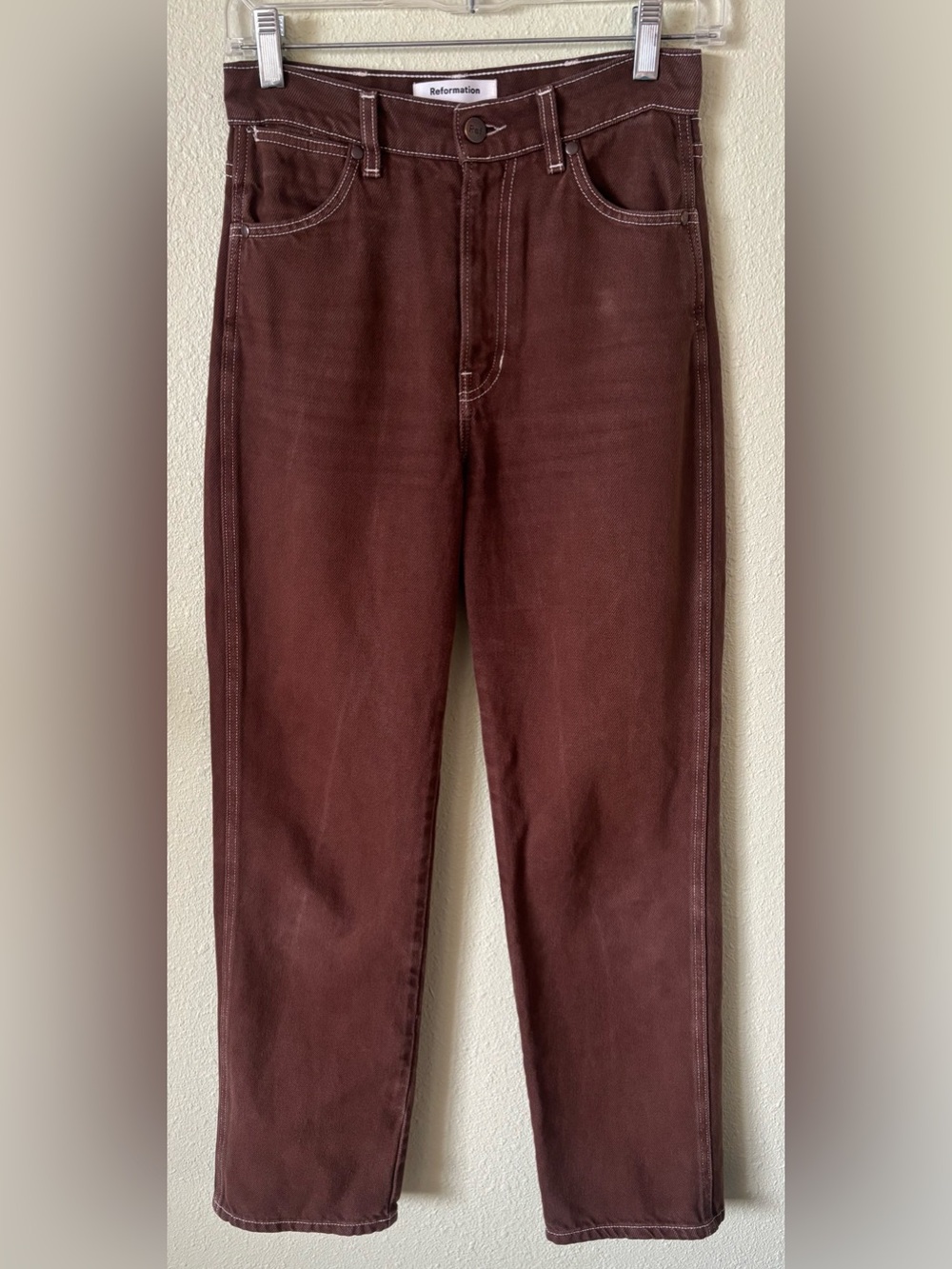 Reformation Cowboy High Rise Straight Jeans in Chocolate Brown Wash Size: 24